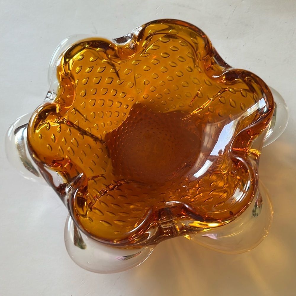 EUC Vintage Murano Amber Art Glass Element bullicanti bubble Bowl MCM Italy